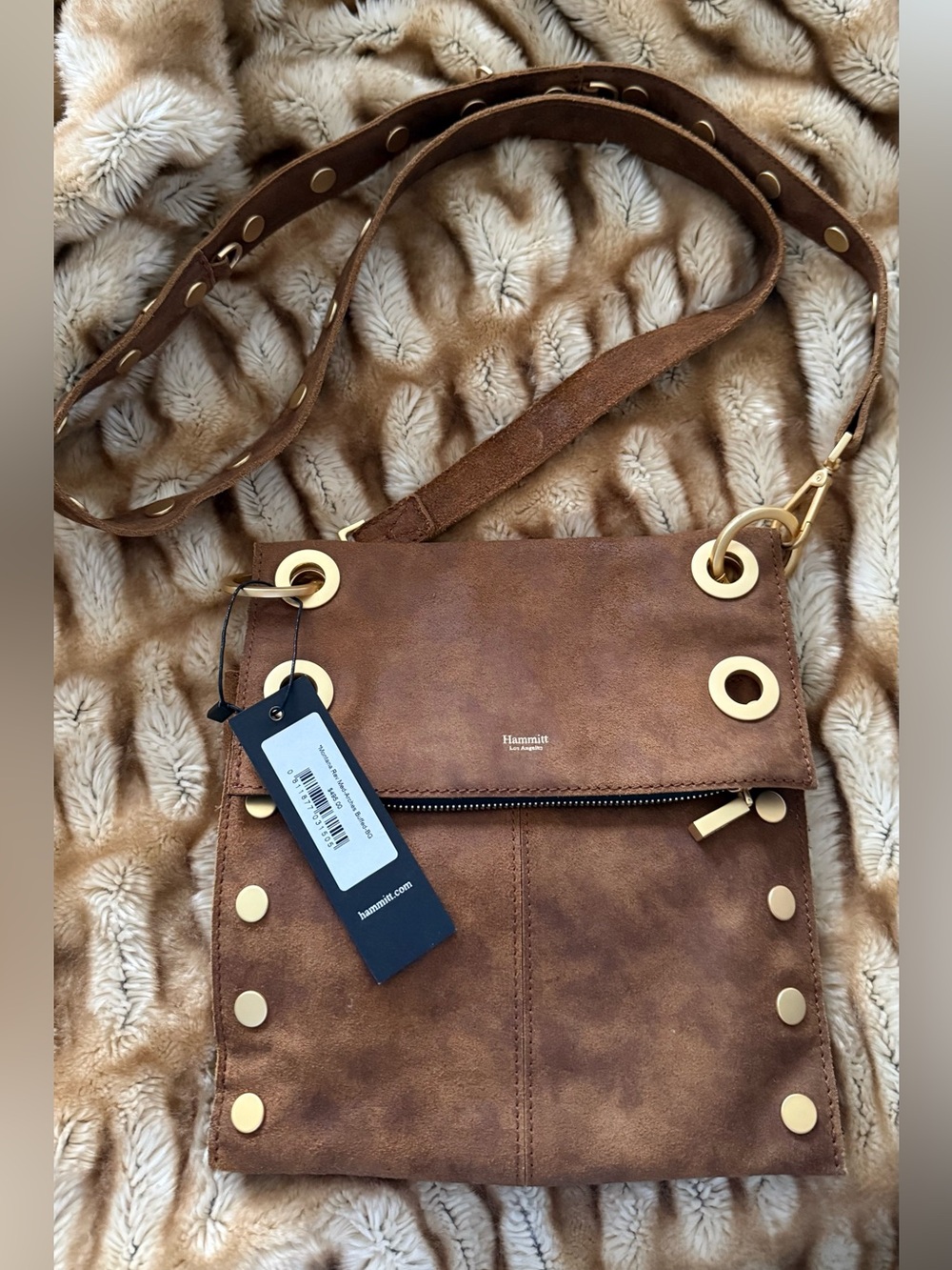 Hammitt Montana Rev Buffed Suede & Leather  Crossbody w/Gold Grommet Accents